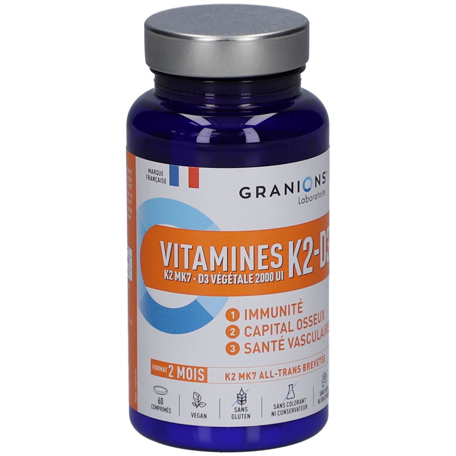 Flacon bleu de vitamines K2-D3. Inscription: GRANIONS, Vitamines K2-D3, 60 comprimés. Vegan, sans gluten.