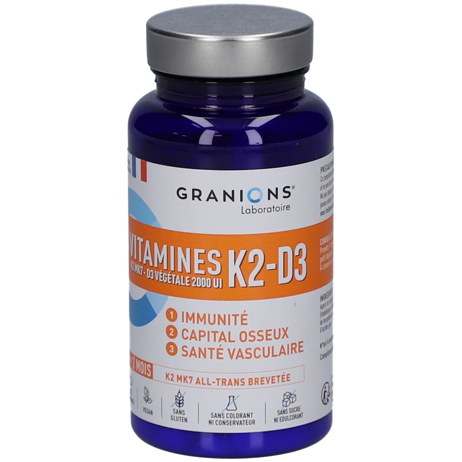Flacon bleu de vitamines K2-D3. Inscription: GRANIONS, Vitamines K2-D3, 60 comprimés. Vegan, sans gluten.