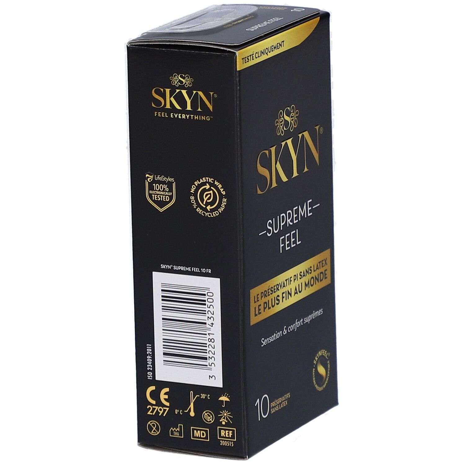 Boîte noire, texte doré. SKYN SUPREME FEEL. 10 préservatifs. Logos et code-barres. Texte en français.
