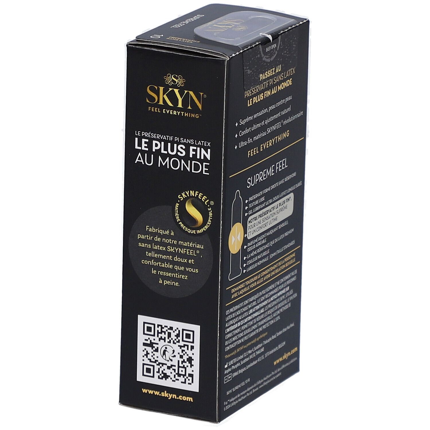 Boîte noire avec texte doré. SKYN SUPREME FEEL. Texte en français. Code QR et logo.