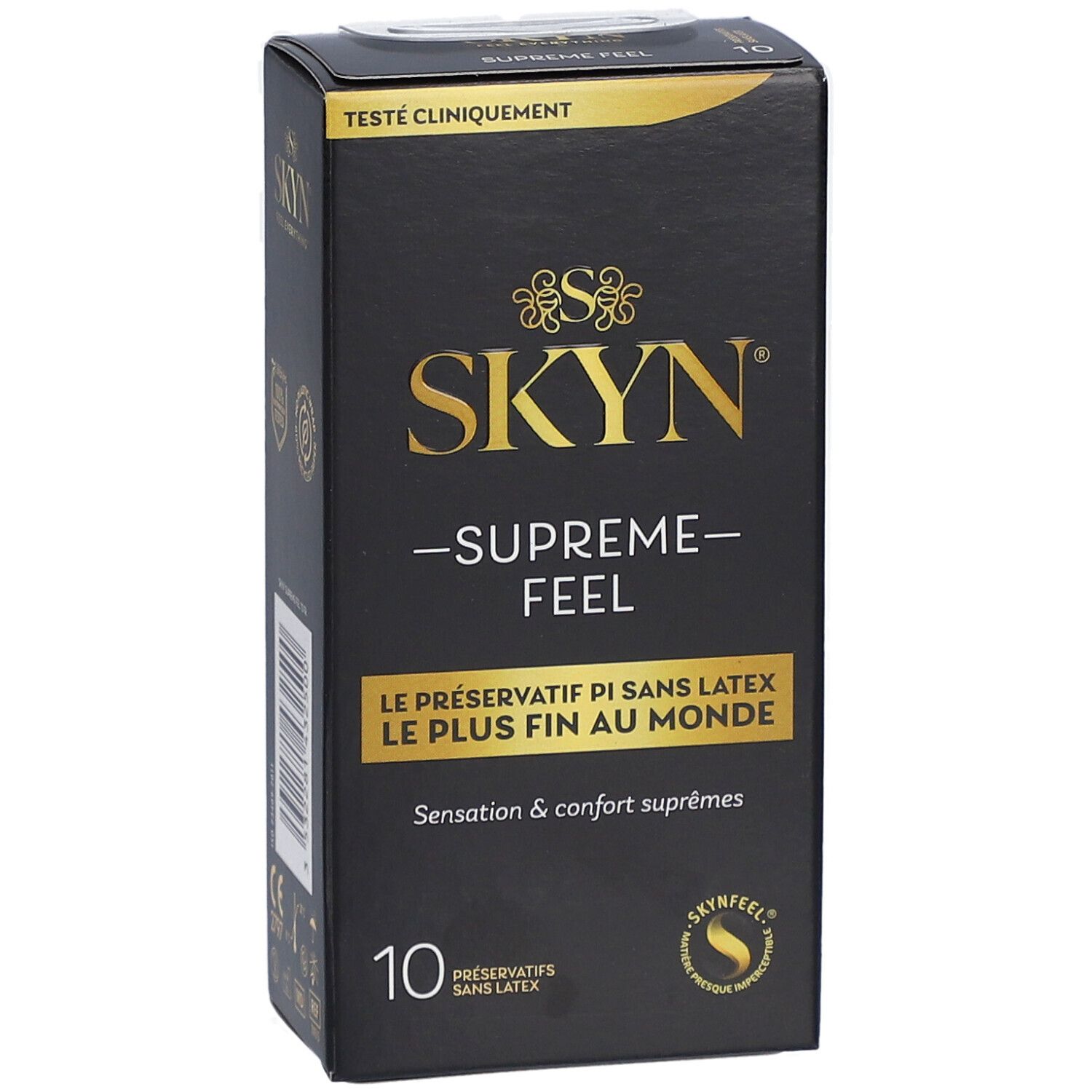 Boîte noire avec texte doré. SKYN SUPREME FEEL. 10 préservatifs. Texte en français.