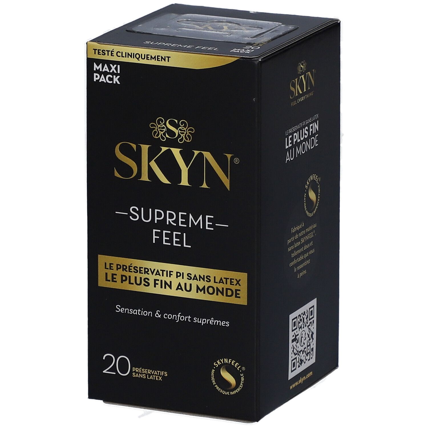 Boîte noire avec texte doré. Inscription : SKYN - SUPREME FEEL, 20 préservatifs sans latex.