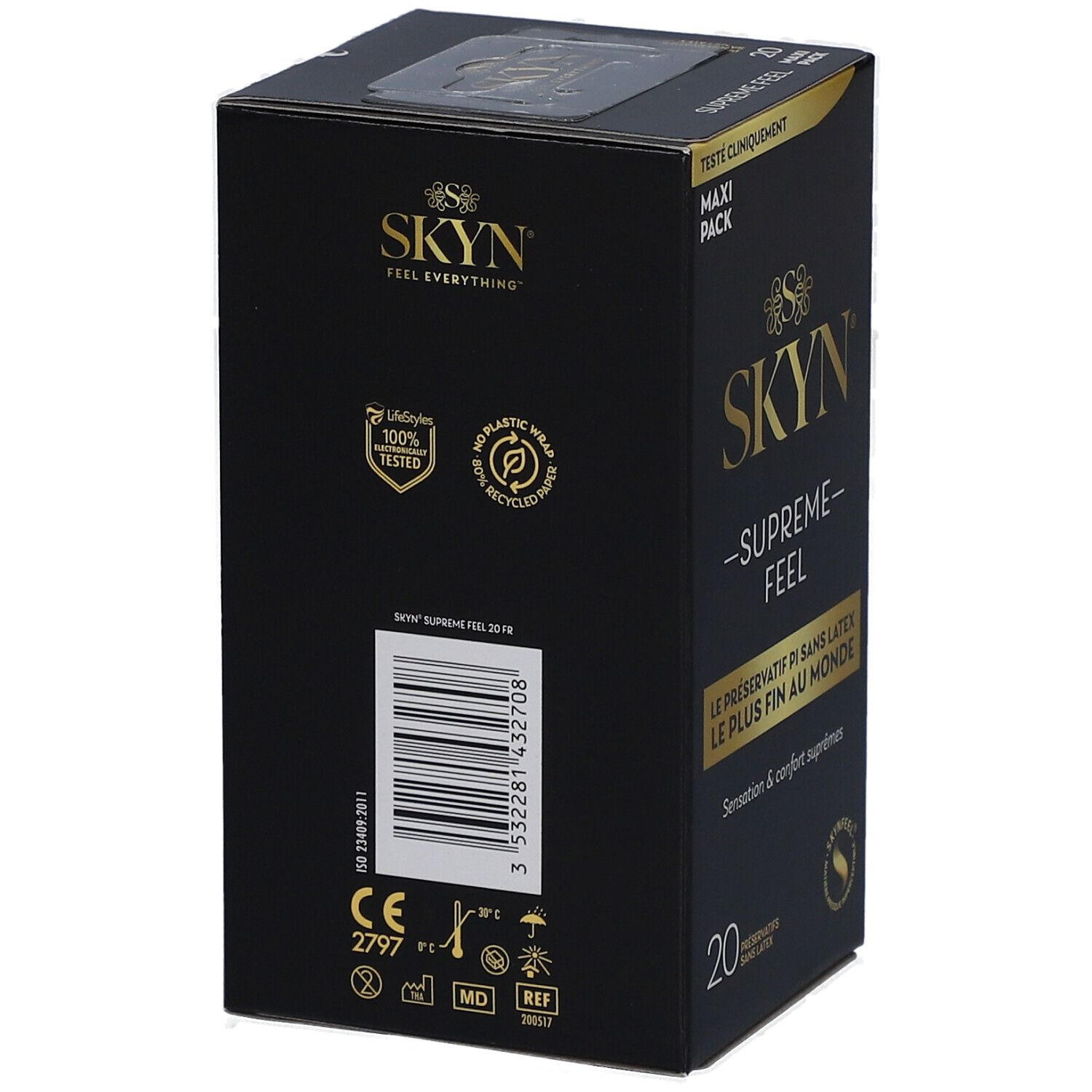 Boîte noire avec texte et logos. Inscription : SKYN, SUPREME FEEL. Dos avec code-barres et certifications.