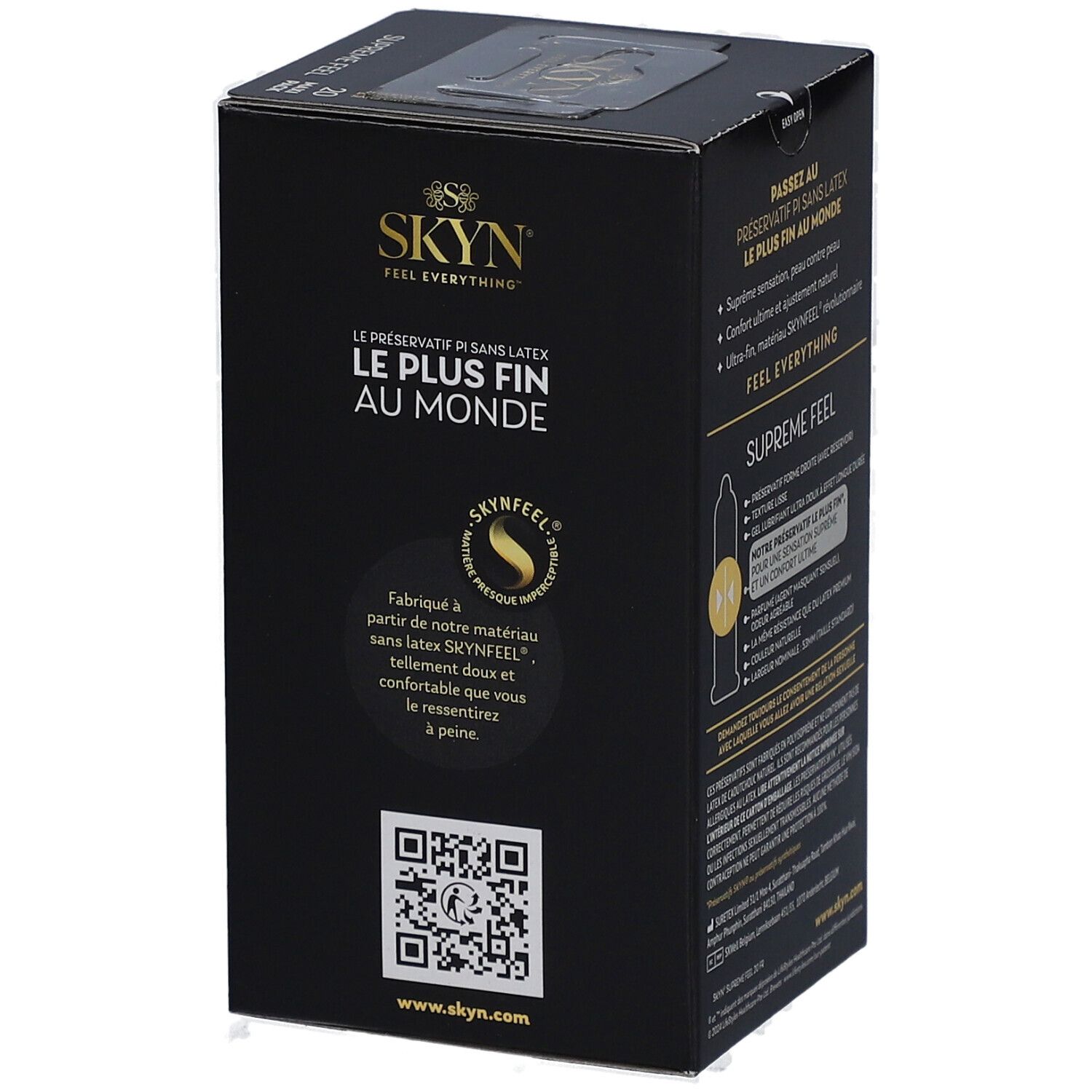 Boîte noire avec texte et logo. Inscription : SKYN, SUPREME FEEL. Code QR et texte sur le produit.