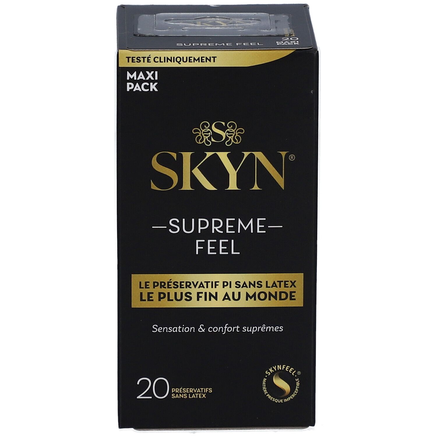Boîte noire avec texte doré. Inscription : SKYN - SUPREME FEEL, 20 préservatifs sans latex.