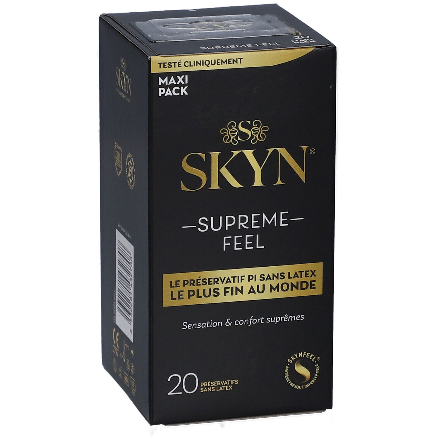 Boîte noire avec texte doré. Inscription : SKYN - SUPREME FEEL, 20 préservatifs sans latex.