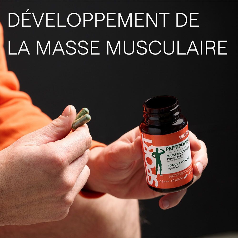 Mains tenant des gélules et un flacon WELEDA PEPTIPOWER. Inscription: Masse musculaire. Fond noir.
