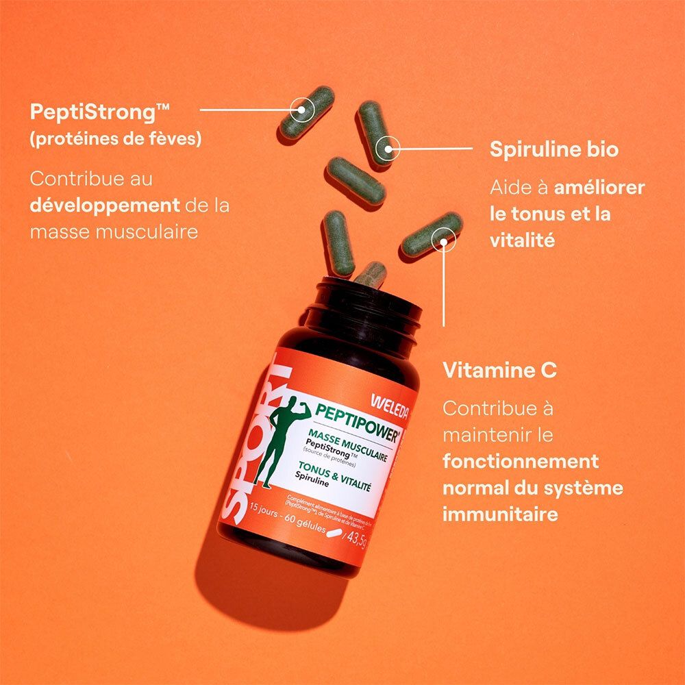 Flacon WELEDA PEPTIPOWER et gélules. Inscription: PeptiStrong, Spiruline, Vitamine C. Fond orange.