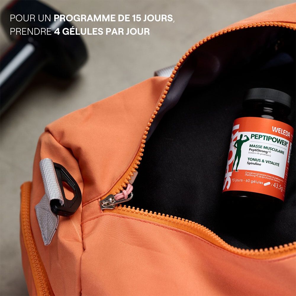 Flacon WELEDA PEPTIPOWER dans un sac de sport. Inscription: Masse musculaire. Sac orange.