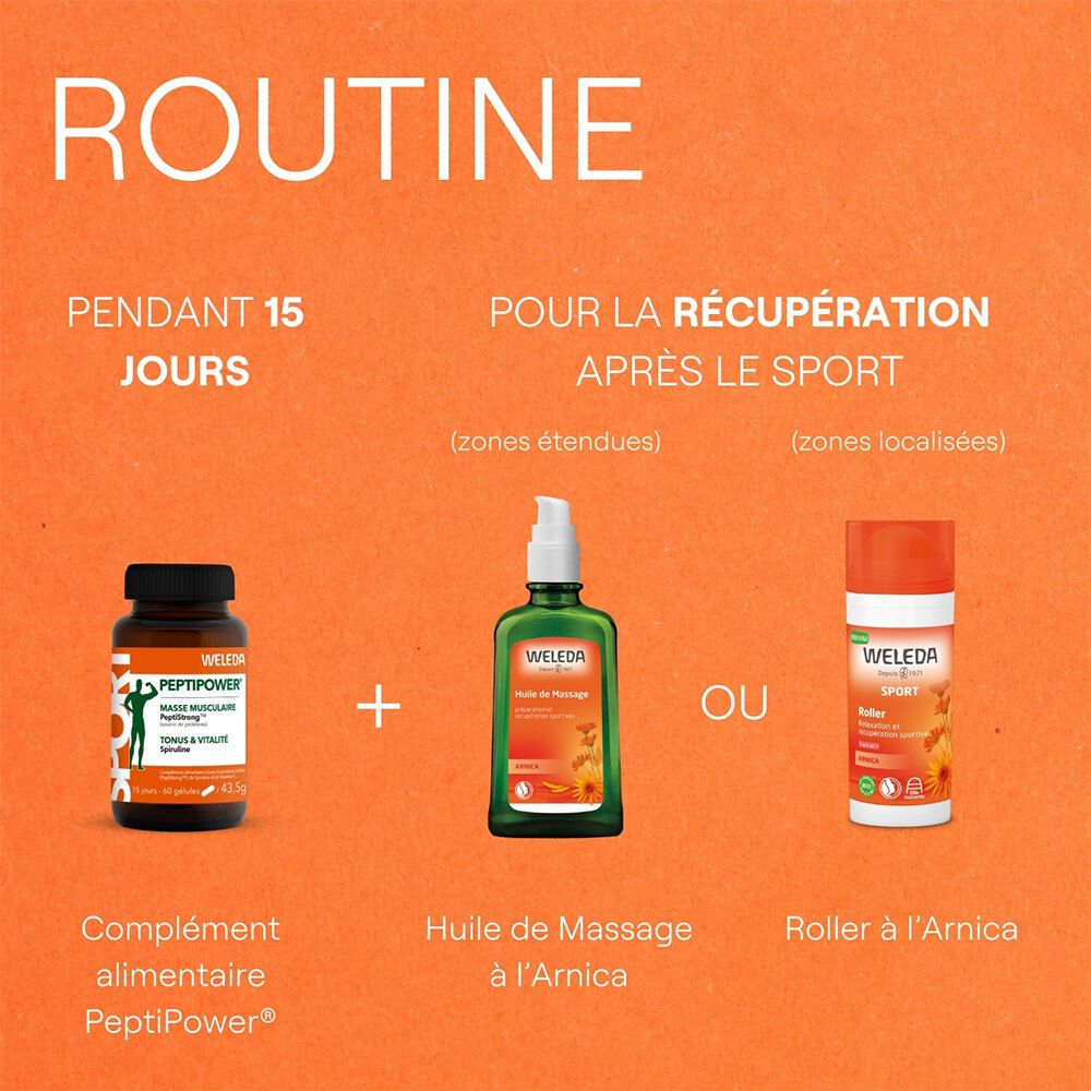WELEDA PEPTIPOWER, huile de massage et roller. Inscription: Complément alimentaire, huile de massage, roller.