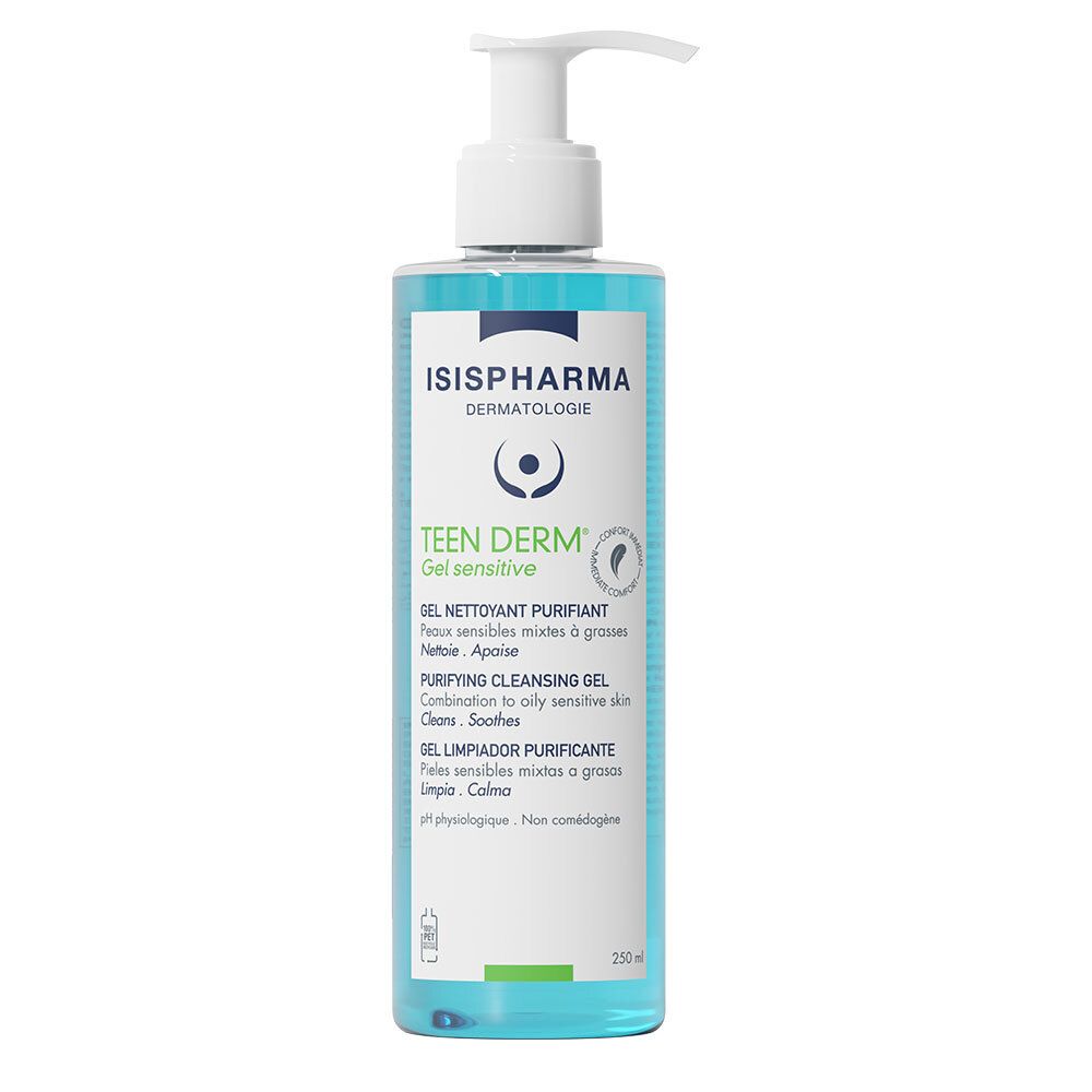 Flacon bleu transparent avec pompe blanche. Inscriptions: ISISPHARMA, Teen Derm Gel sensitive. Texte en français, anglais et espagnol.