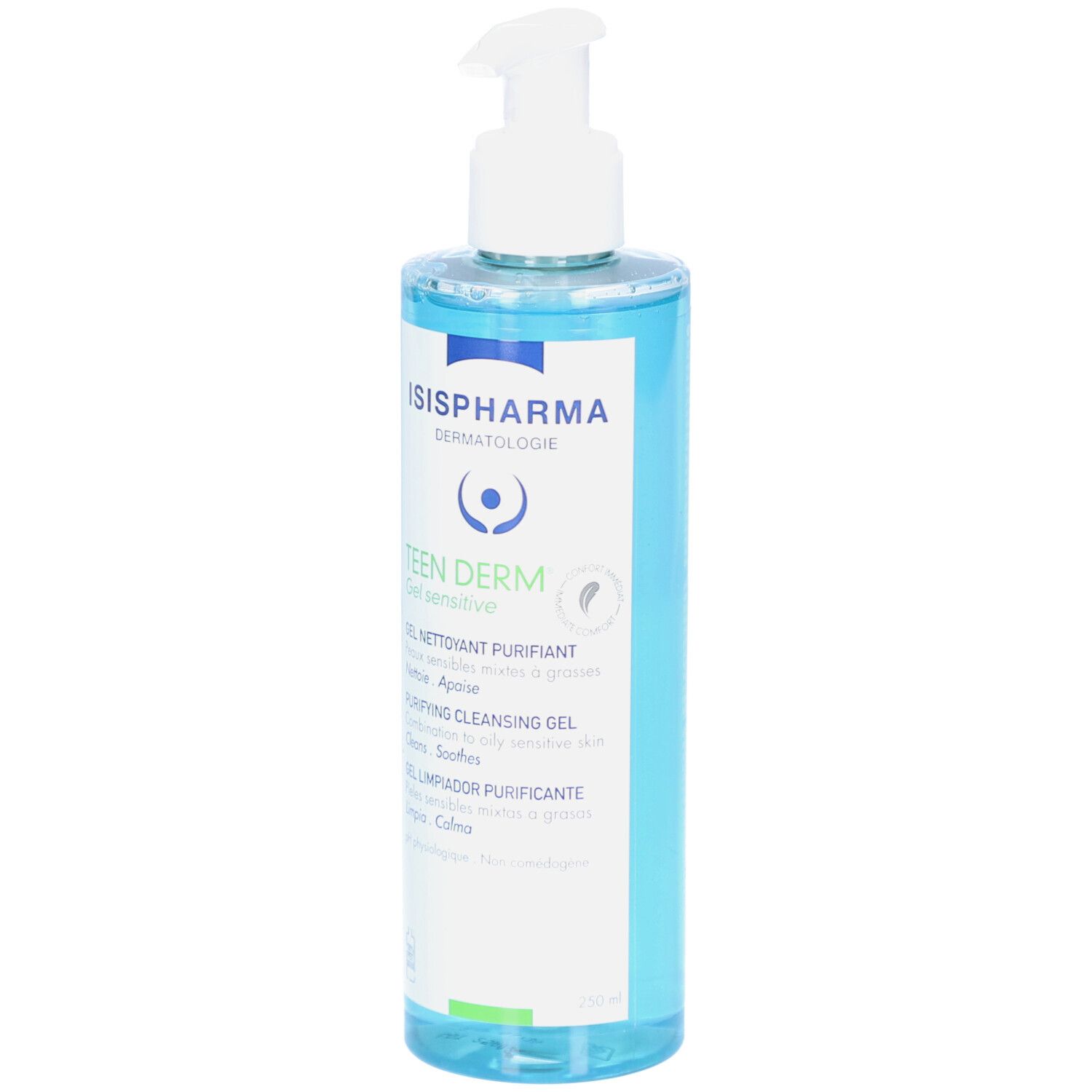 Flacon bleu transparent avec pompe blanche. Inscriptions: ISISPHARMA, Teen Derm Gel sensitive. Texte en français, anglais et espagnol.