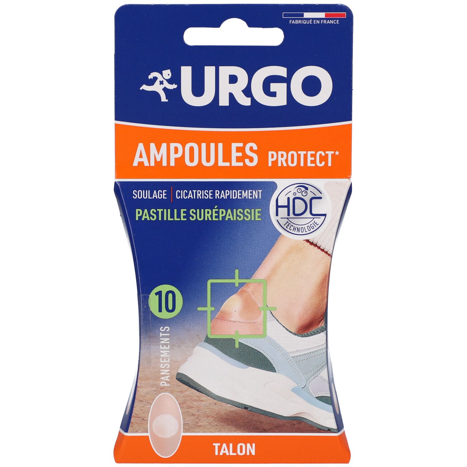 Boîte de 10 pansements. Emballage bleu et blanc avec nom et logo du produit. Montre un pied avec un pansement.