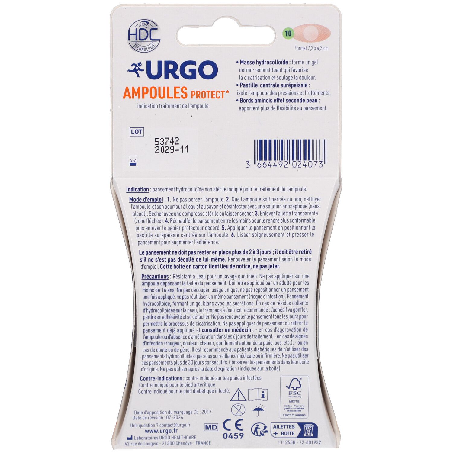 Dos de l'emballage. Contient des informations sur le produit, des instructions et les coordonnées du fabricant. Fond blanc avec texte bleu et noir.