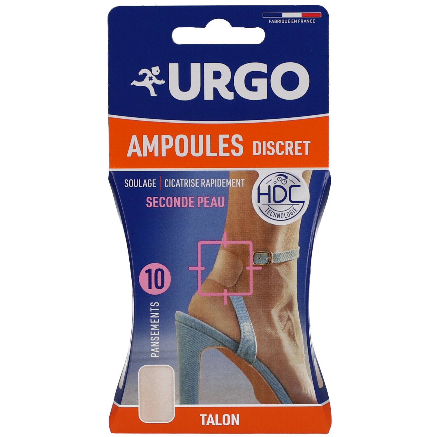 Emballage URGO AMPOULES DISCRET TALON. Montre un pied avec un pansement. Contient 10 pansements. Technologie HDC.