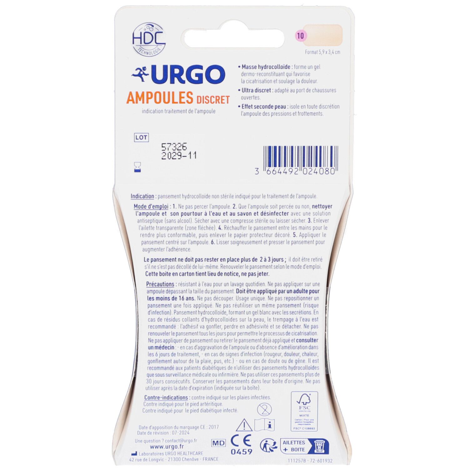 Dos de l'emballage URGO AMPOULES DISCRET. Contient des informations sur les ingrédients, l'utilisation et les précautions.
