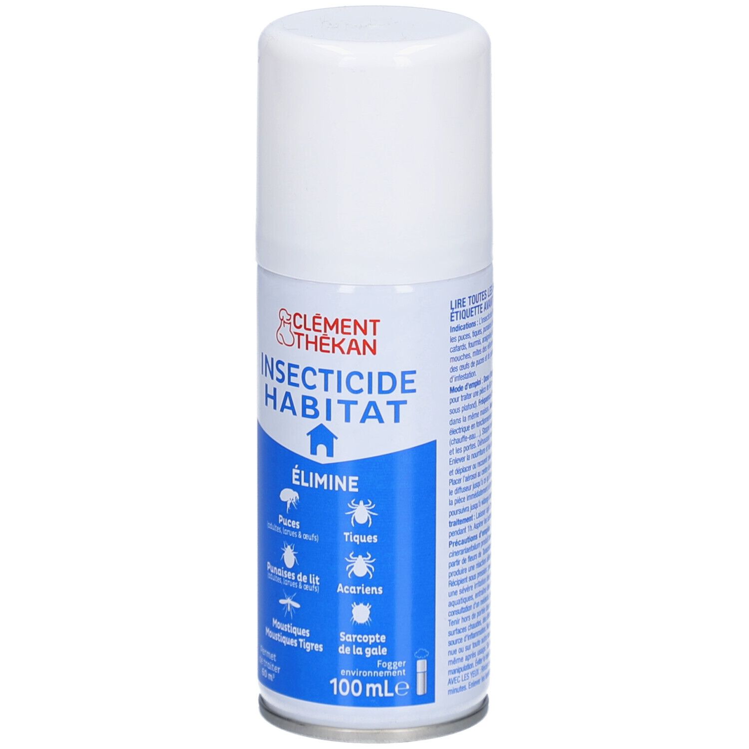 Aérosol blanc avec étiquette bleue. Inscription: INSECTICIDE HABITAT, Élimine: puces, tiques, punaises de lit, acariens, moustiques, tigres, sarcopte.
