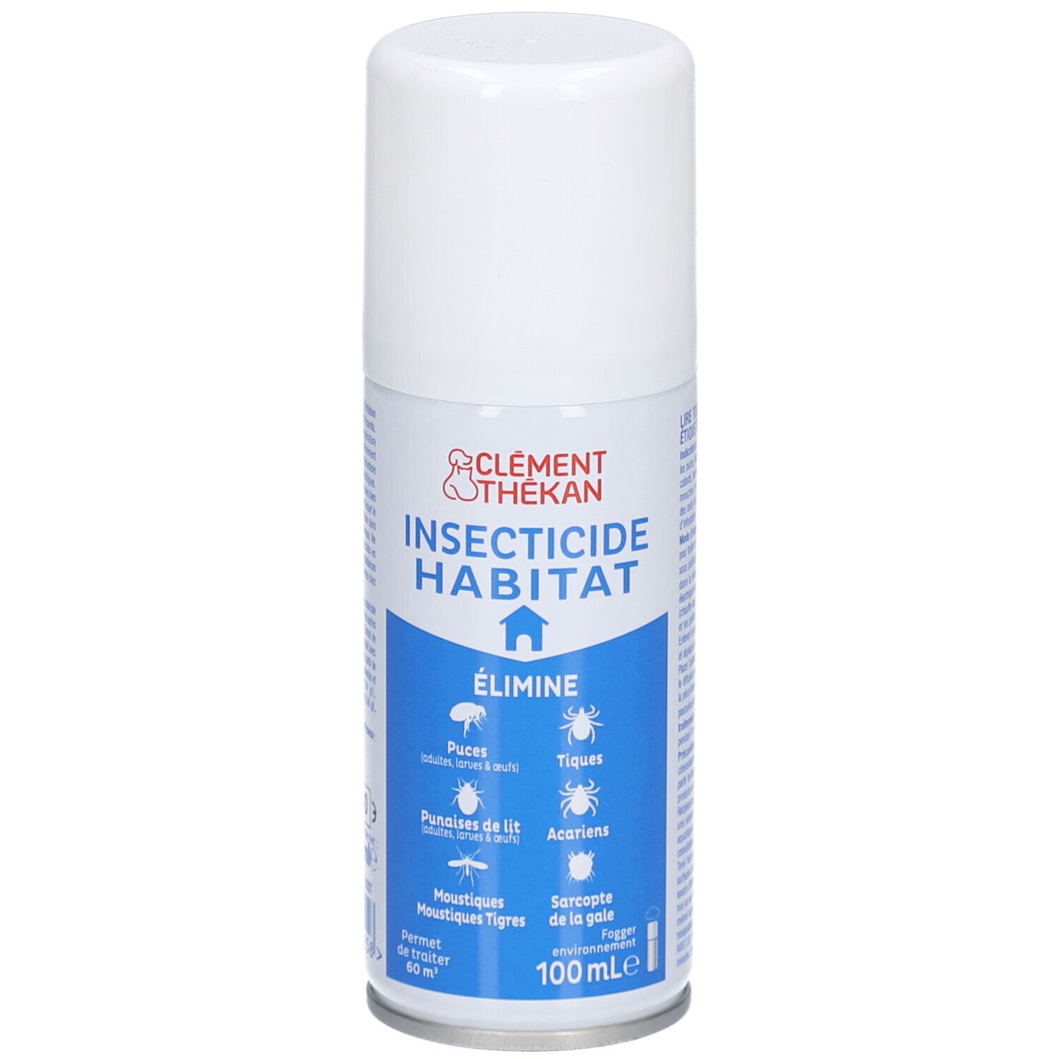 Aérosol blanc avec étiquette bleue. Inscription: INSECTICIDE HABITAT, Élimine: puces, tiques, punaises de lit, acariens, moustiques, tigres, sarcopte.