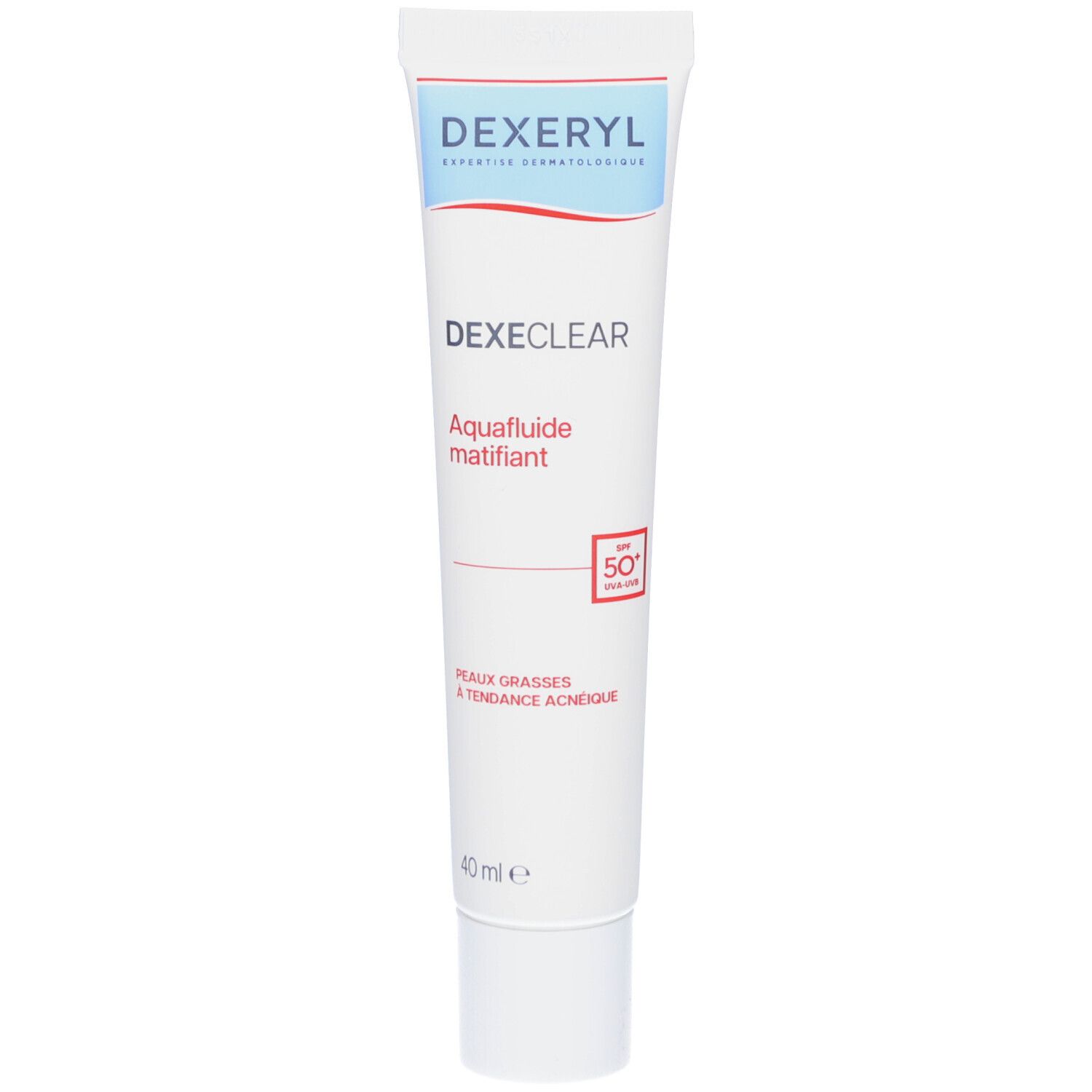 Tube blanche avec texte bleu et rouge. Contient DEXERYL Dexeclear Aquafluide Matifiant. SPF 50.
