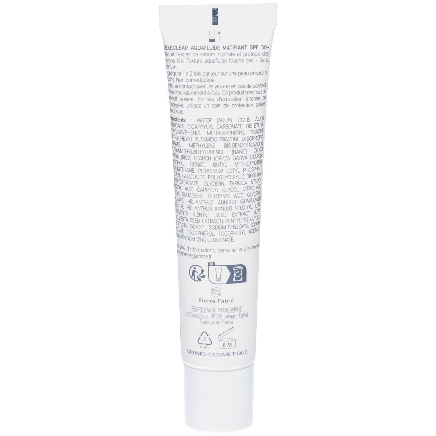 Dos du tube. Contient ingrédients et informations. Fabricant : Pierre Fabre. Avec symboles de recyclage.