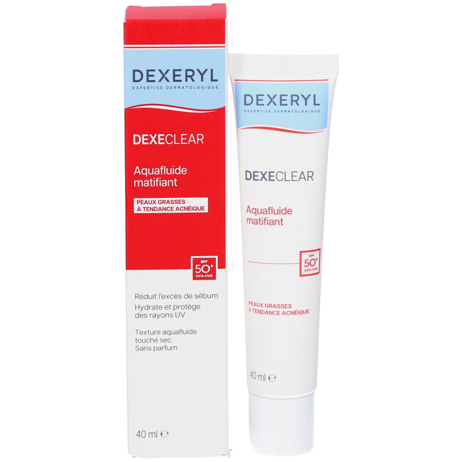 Emballage du produit. Tube blanc et boîte rouge. Contient DEXERYL Dexeclear Aquafluide Matifiant. SPF 50.