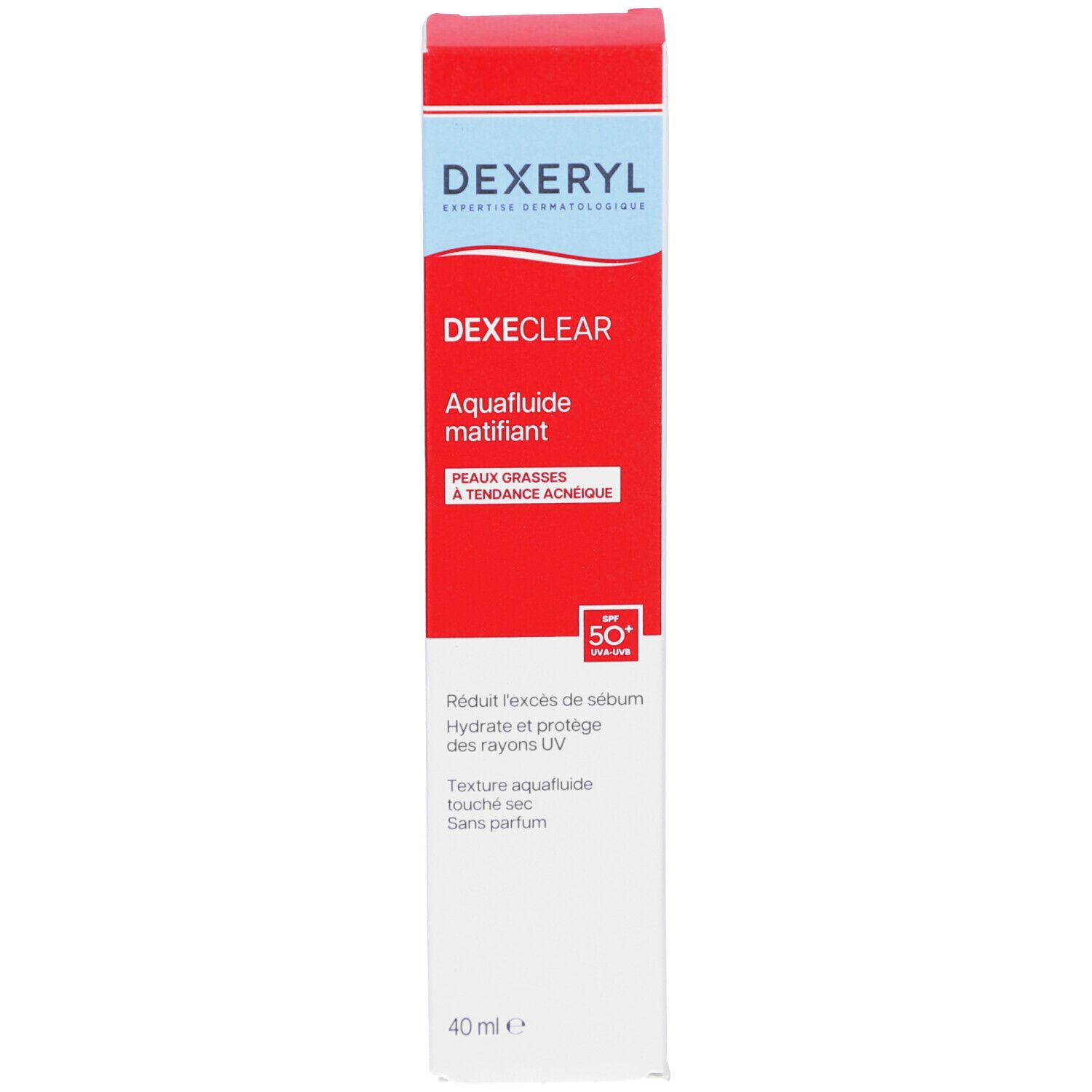 Boîte rouge avec texte blanc. Contient DEXERYL Dexeclear Aquafluide Matifiant. SPF 50. 40 ml.