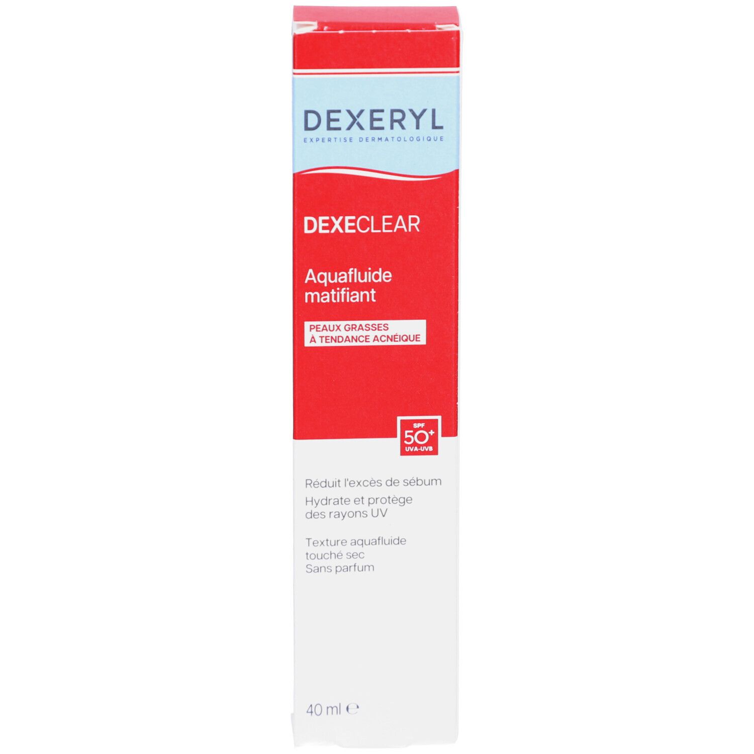 Boîte rouge avec texte blanc. Contient DEXERYL Dexeclear Aquafluide Matifiant. SPF 50. 40 ml.