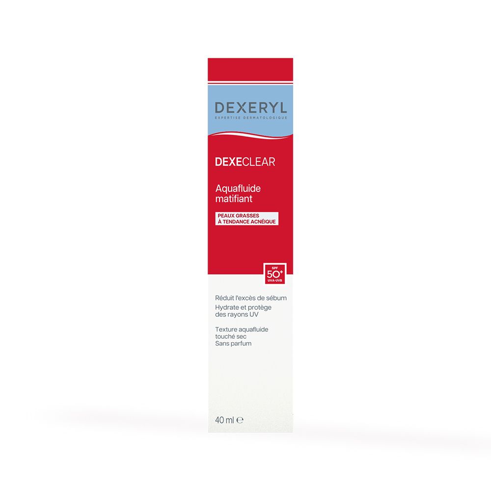 Emballage de DEXERYL Dexeclear Aquafluide Matifiant. Emballage rouge avec informations produit. SPF 50+.