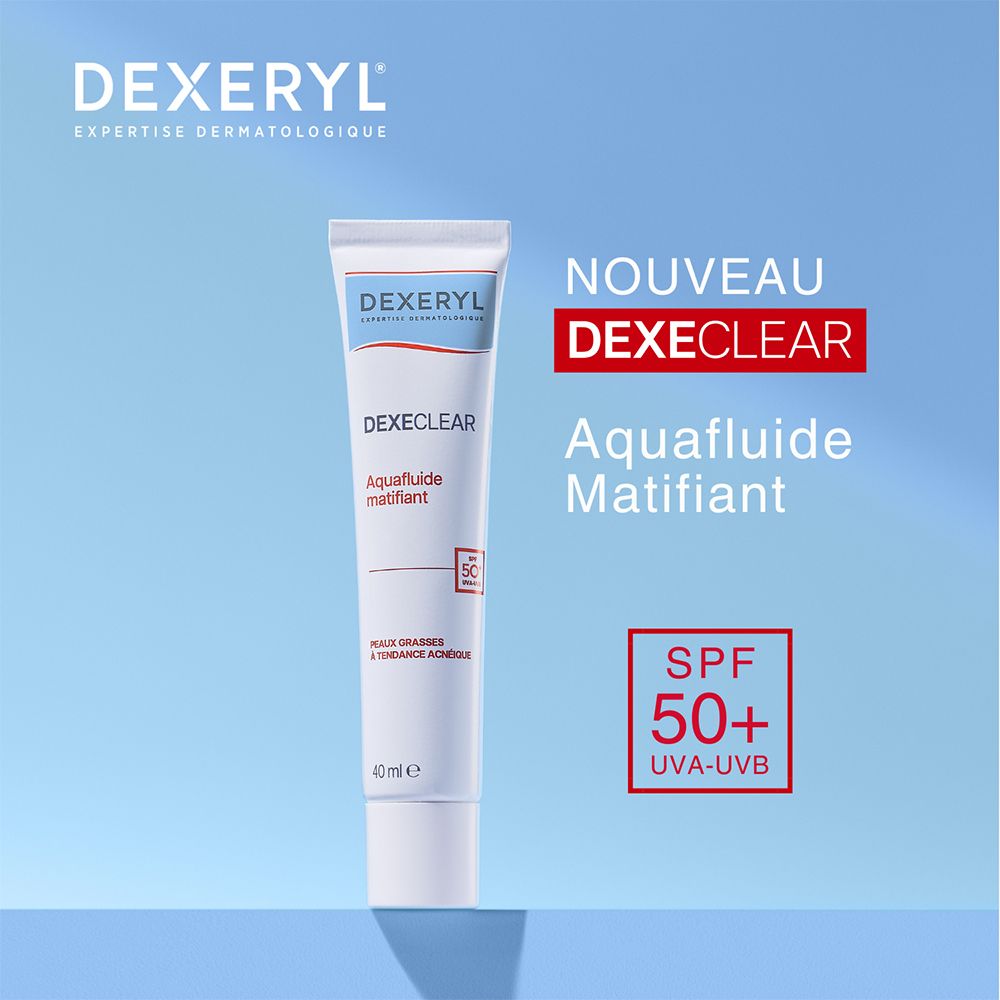 Tube DEXERYL Dexeclear Aquafluide Matifiant. Tube blanc, accents bleus et rouges. SPF 50+.