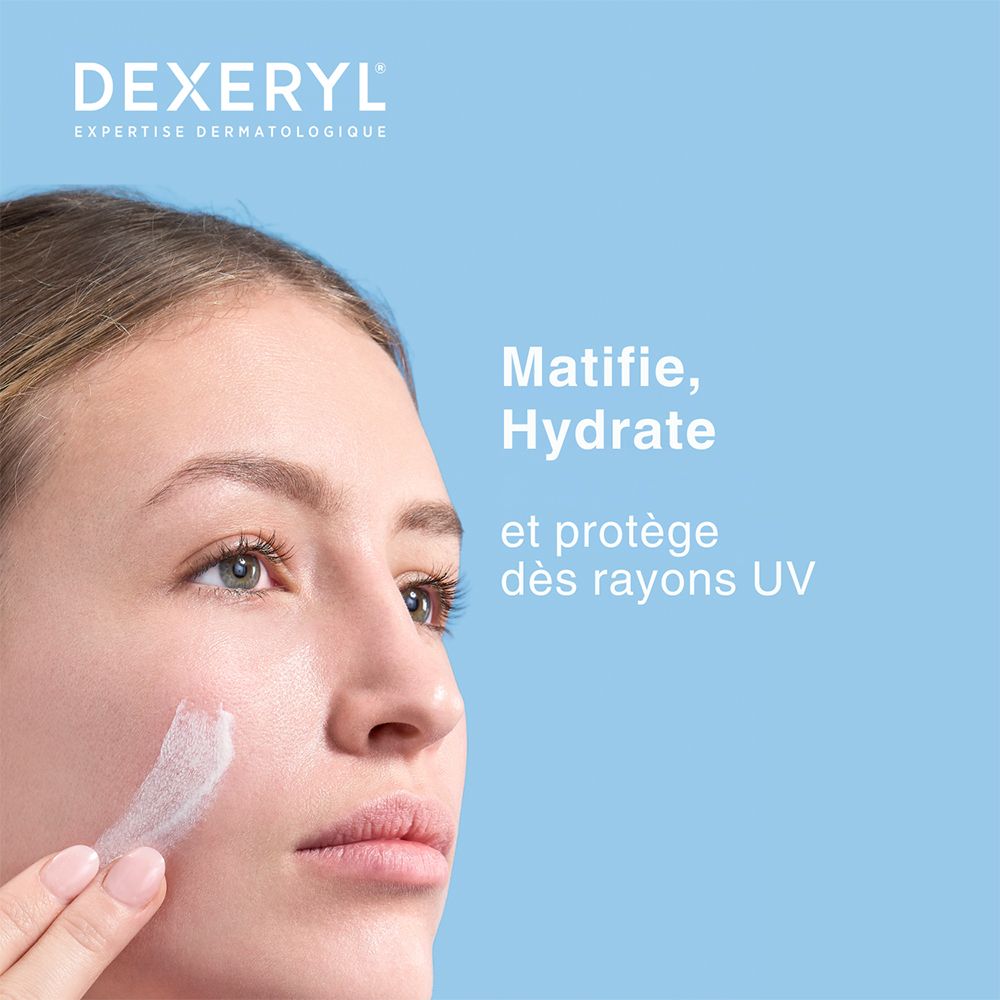 Crème appliquée sur le visage. Texte: Matifie, Hydrate et protège des rayons UV.