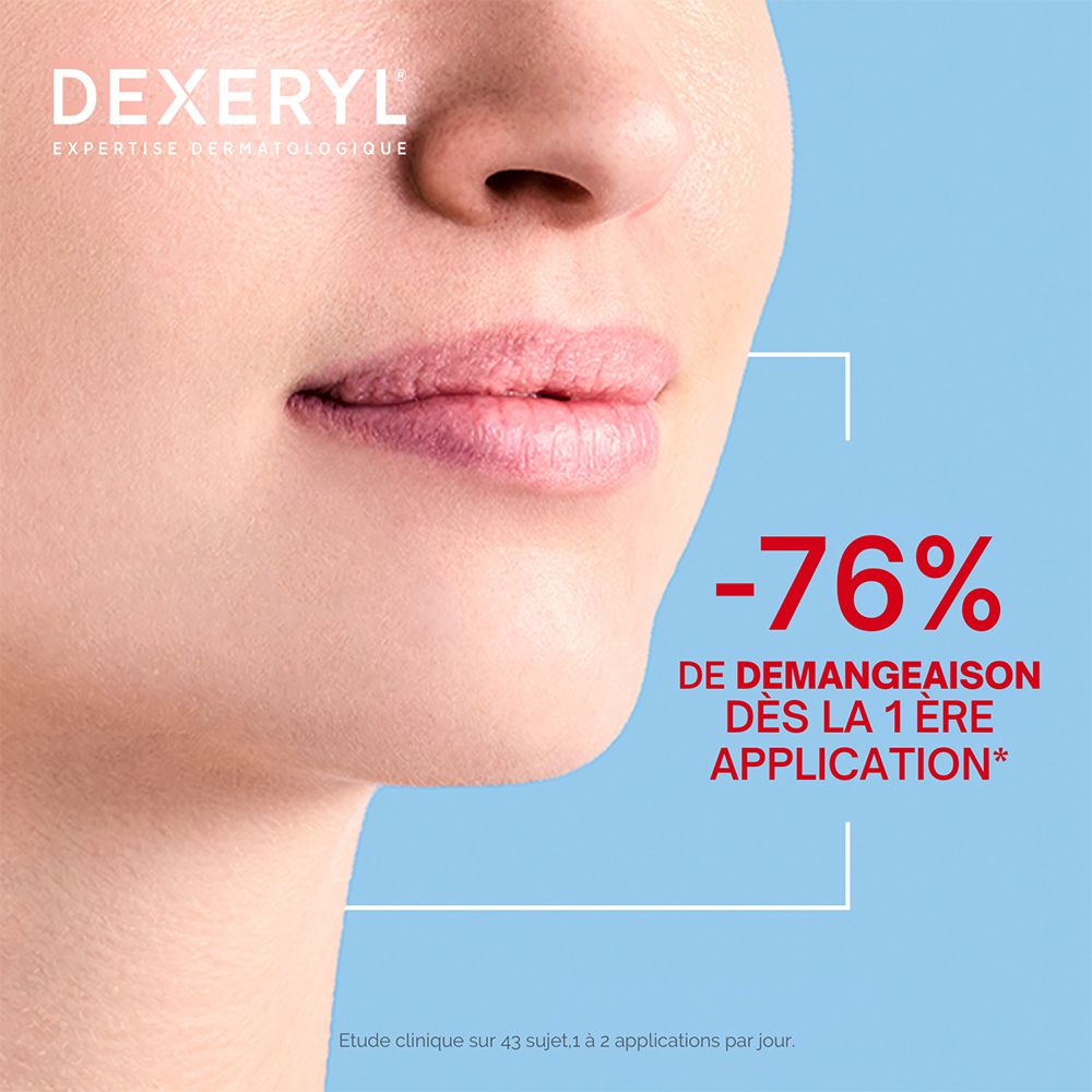 Gros plan sur des lèvres. Texte : -76% DE DEMANGEAISON DÈS LA 1ÈRE APPLICATION.