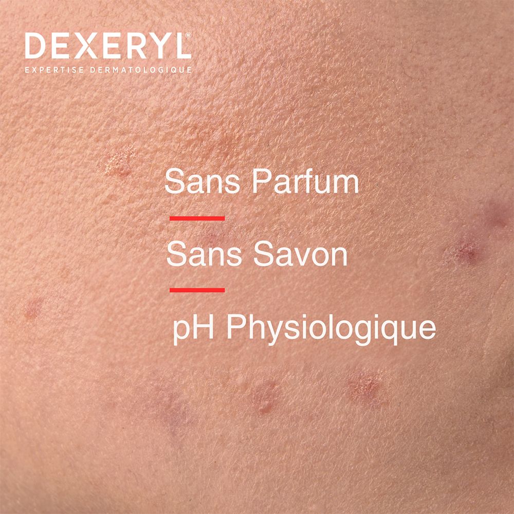 Peau avec boutons. Texte : Sans Parfum, Sans Savon, pH Physiologique.
