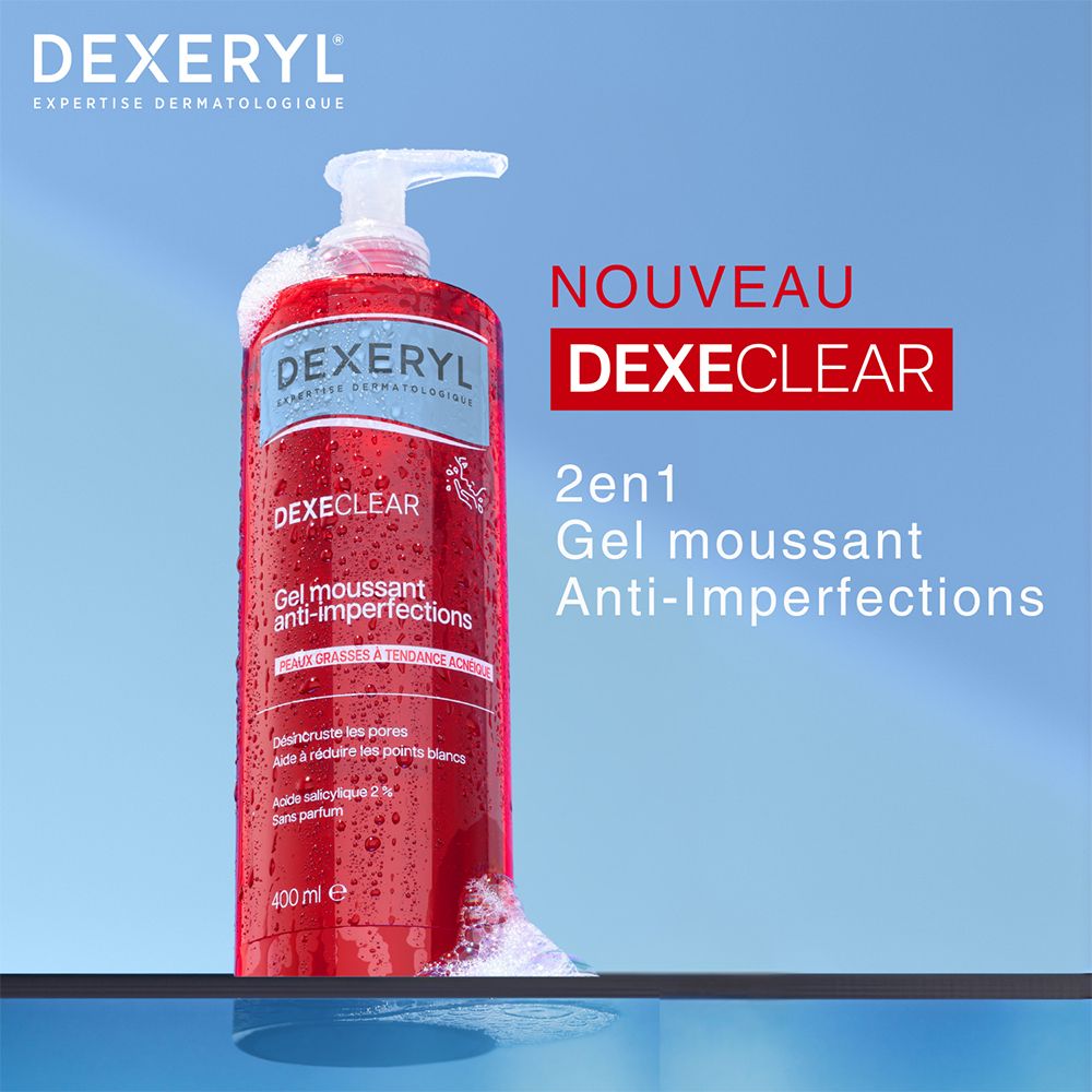 Flacon rouge avec pompe. Inscription DEXERYL, DEXECLAR, Gel moussant anti-imperfections. Mousse et texte.
