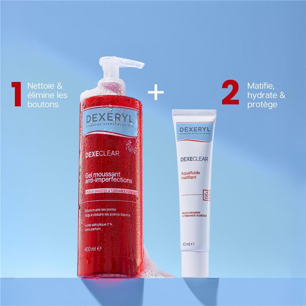 Duo de produits : Flacon rouge avec pompe et tube blanc. Inscription DEXERYL, DEXECLAR, Aquafiuide matifiant.