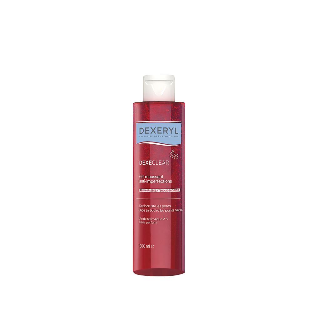 Flacon rouge à bouchon blanc. Inscription DEXERYL et DEXECLEAR Gel moussant anti-imperfections. 200 ml.