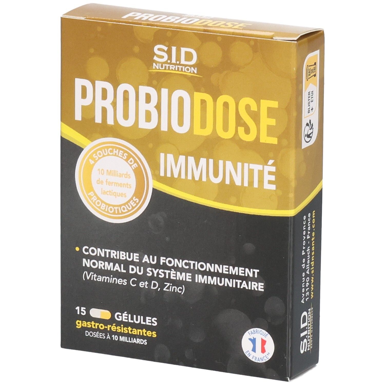 Boîte de SIDN PROBIODOSE IMMUNITÉ. Contient 15 gélules. Drapeau français. Jaune, noir et blanc.