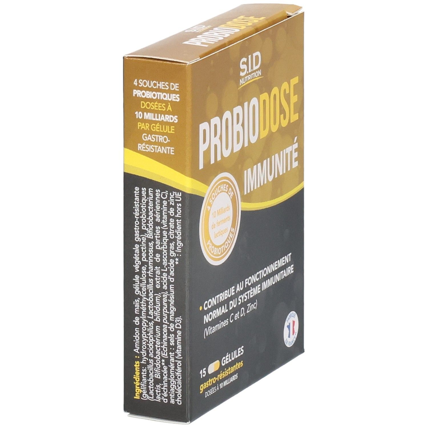 Boîte de SIDN PROBIODOSE IMMUNITÉ. Contient 15 gélules. Jaune, noir et blanc. Vue latérale.