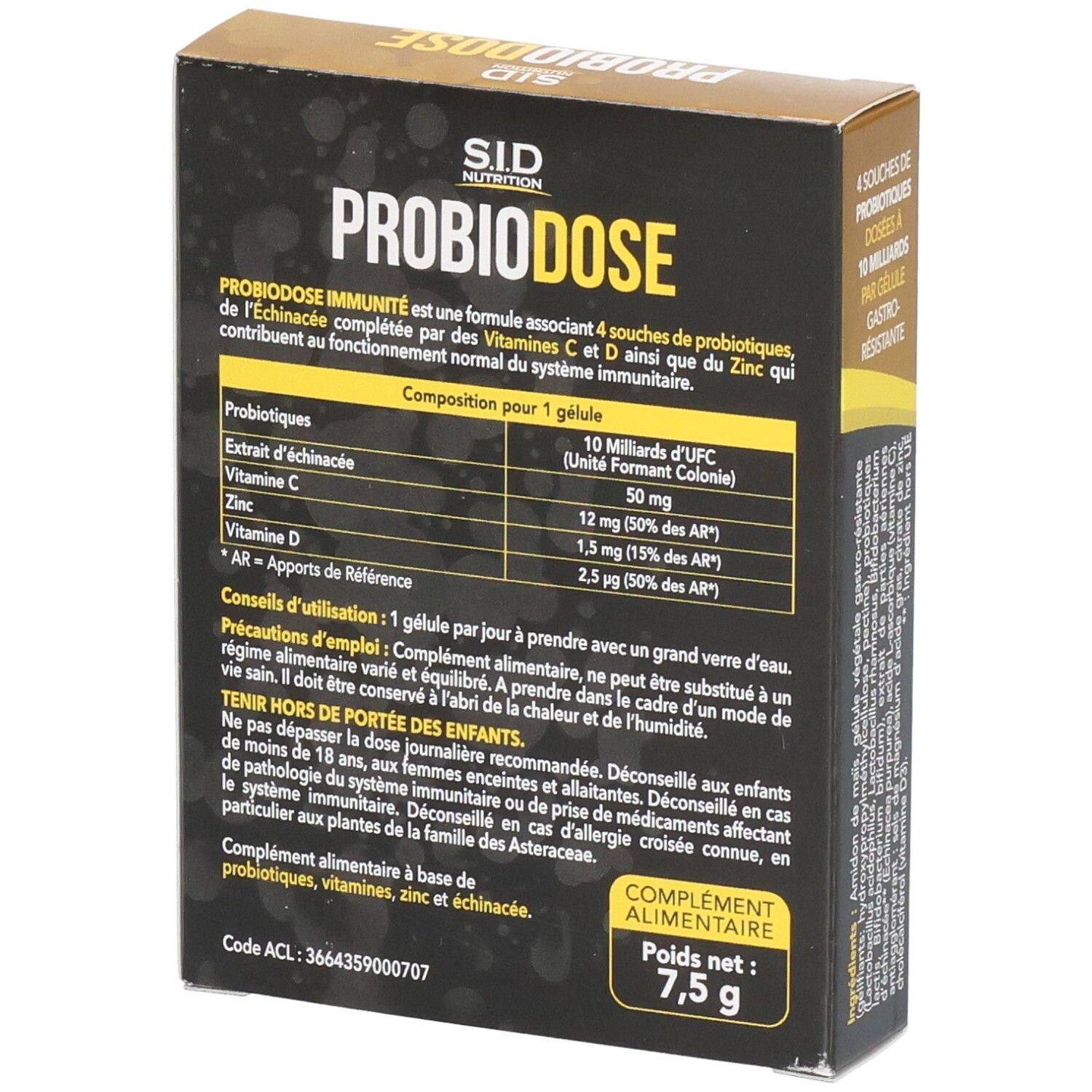 Dos de la boîte SIDN PROBIODOSE IMMUNITÉ. Contient des informations sur les ingrédients et l'utilisation.