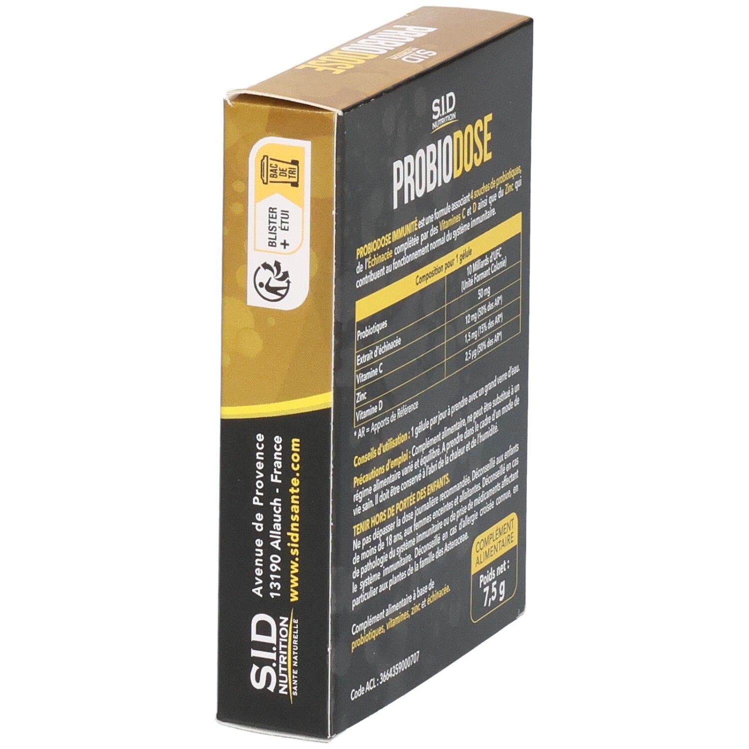 Boîte de SIDN PROBIODOSE IMMUNITÉ. Informations sur les ingrédients et l'utilisation. Vue latérale.