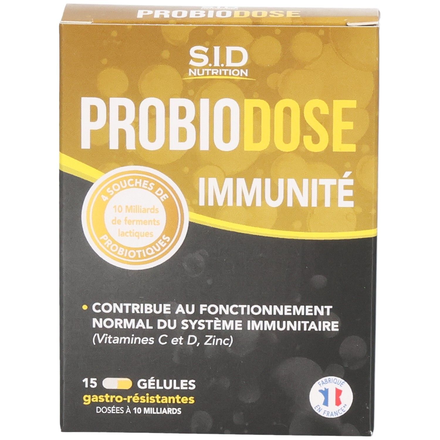 Boîte de SIDN PROBIODOSE IMMUNITÉ. Contient 15 gélules. Drapeau français. Jaune, noir et blanc.