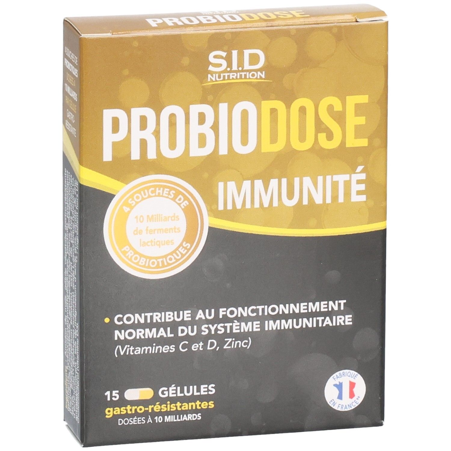 Boîte de SIDN PROBIODOSE IMMUNITÉ. Contient 15 gélules. Drapeau français. Jaune, noir et blanc.