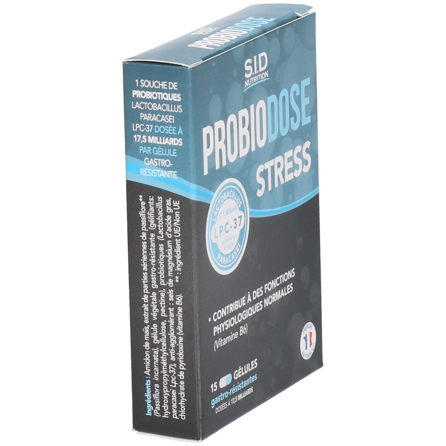 Boîte de PROBIODOSE STRESS. Contient 15 gélules. Couleurs bleu et blanc. Texte avec ingrédients.