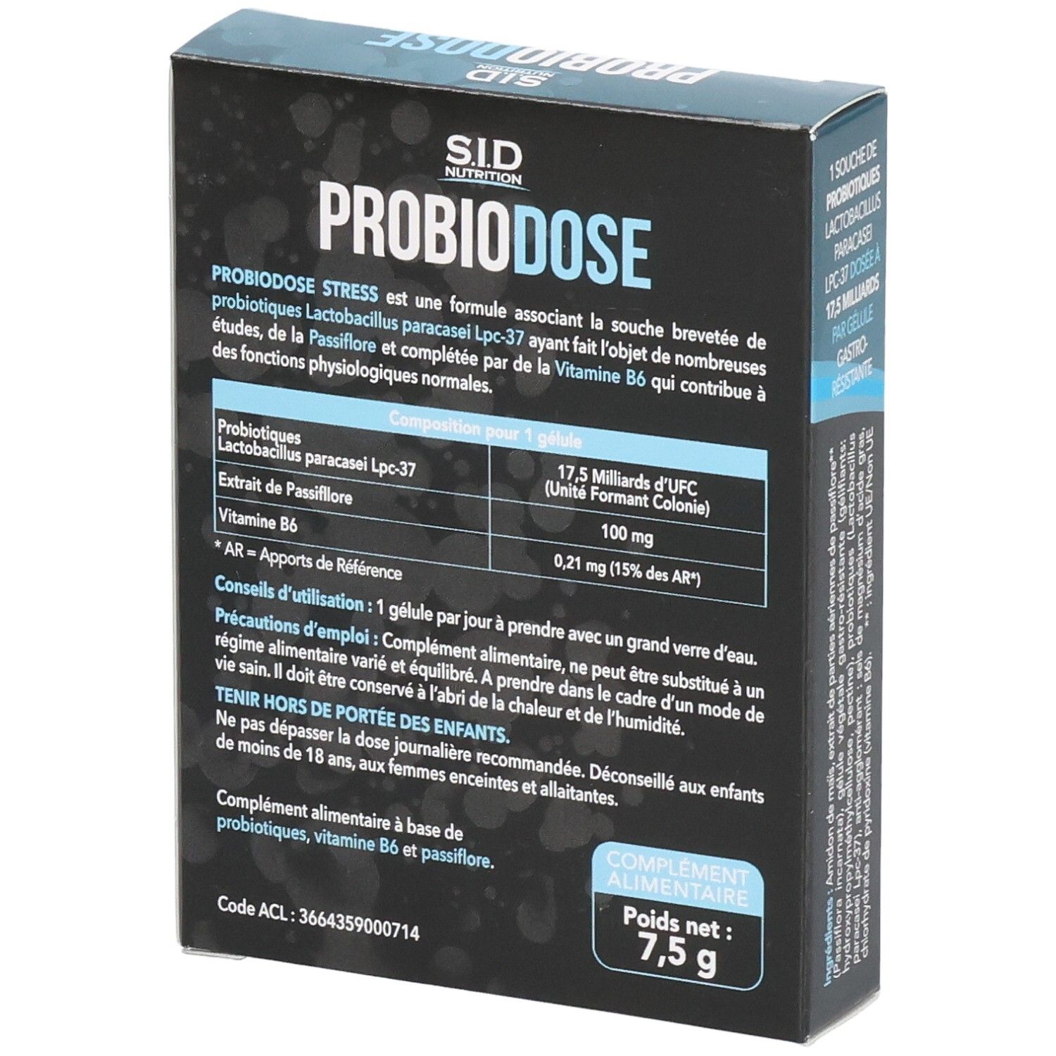 Boîte PROBIODOSE STRESS avec informations. Contient 15 gélules. Texte avec dosage et avertissements.