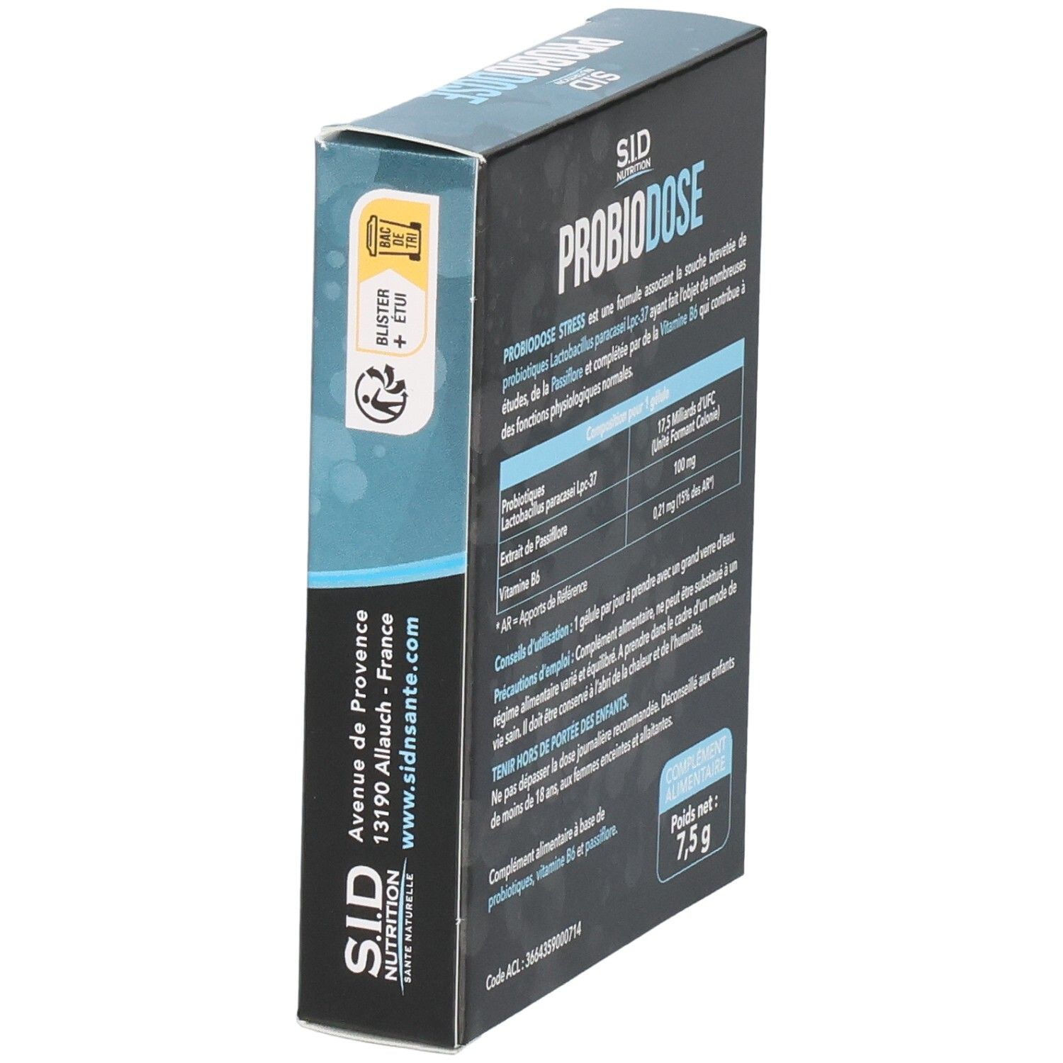 Boîte PROBIODOSE STRESS avec informations. Contient 15 gélules. Texte avec dosage et avertissements.
