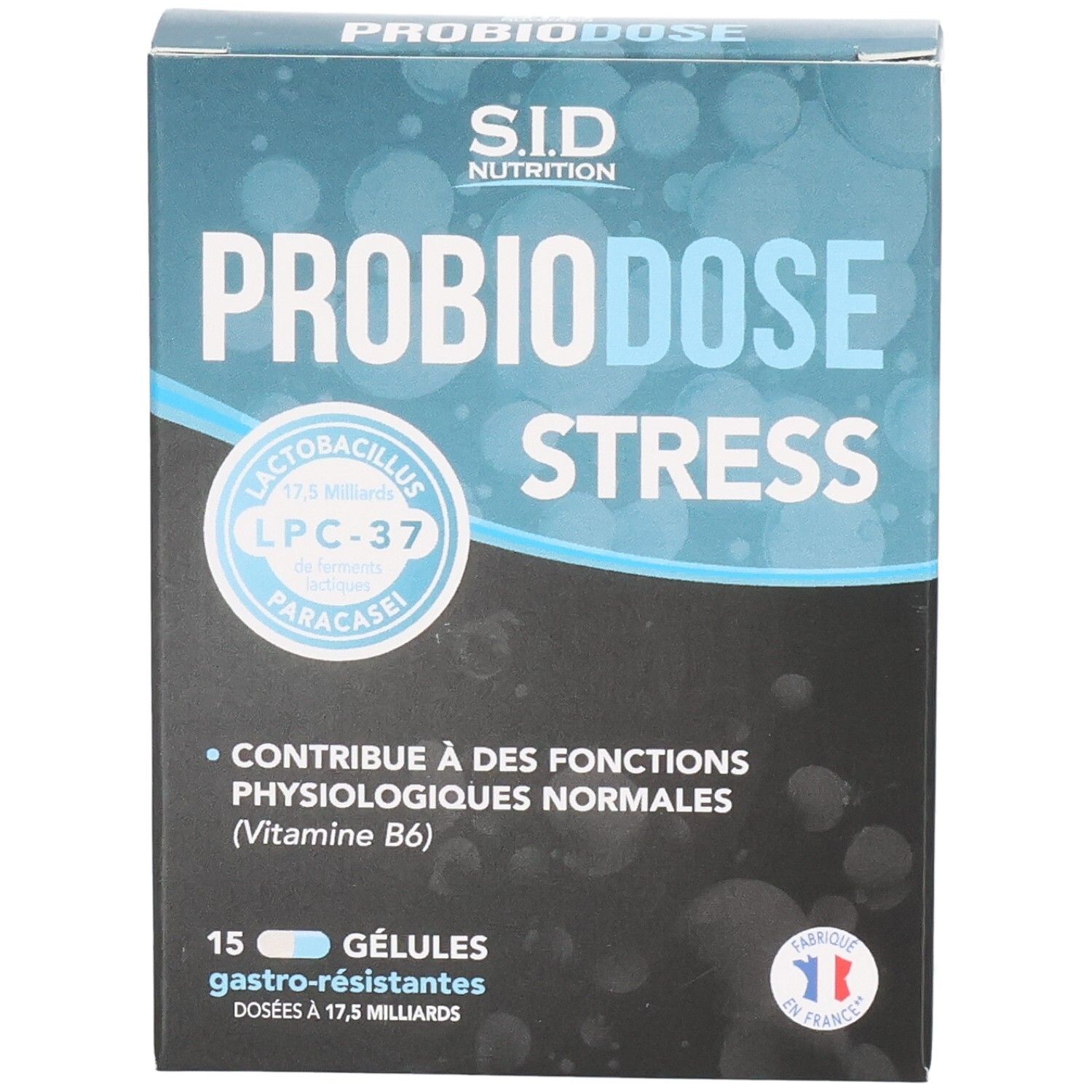 Boîte de PROBIODOSE STRESS de SID Nutrition. Contient 15 gélules. Couleurs bleu et blanc. Drapeau français.