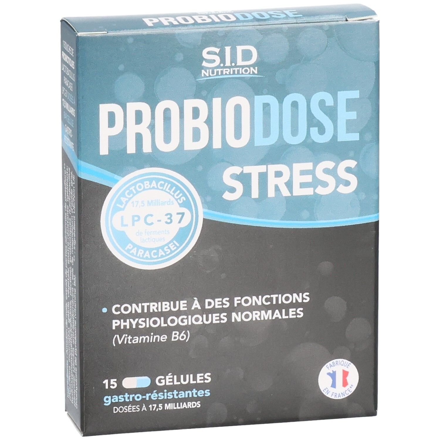 Boîte de PROBIODOSE STRESS de SID Nutrition. Contient 15 gélules. Couleurs bleu et blanc. Drapeau français.