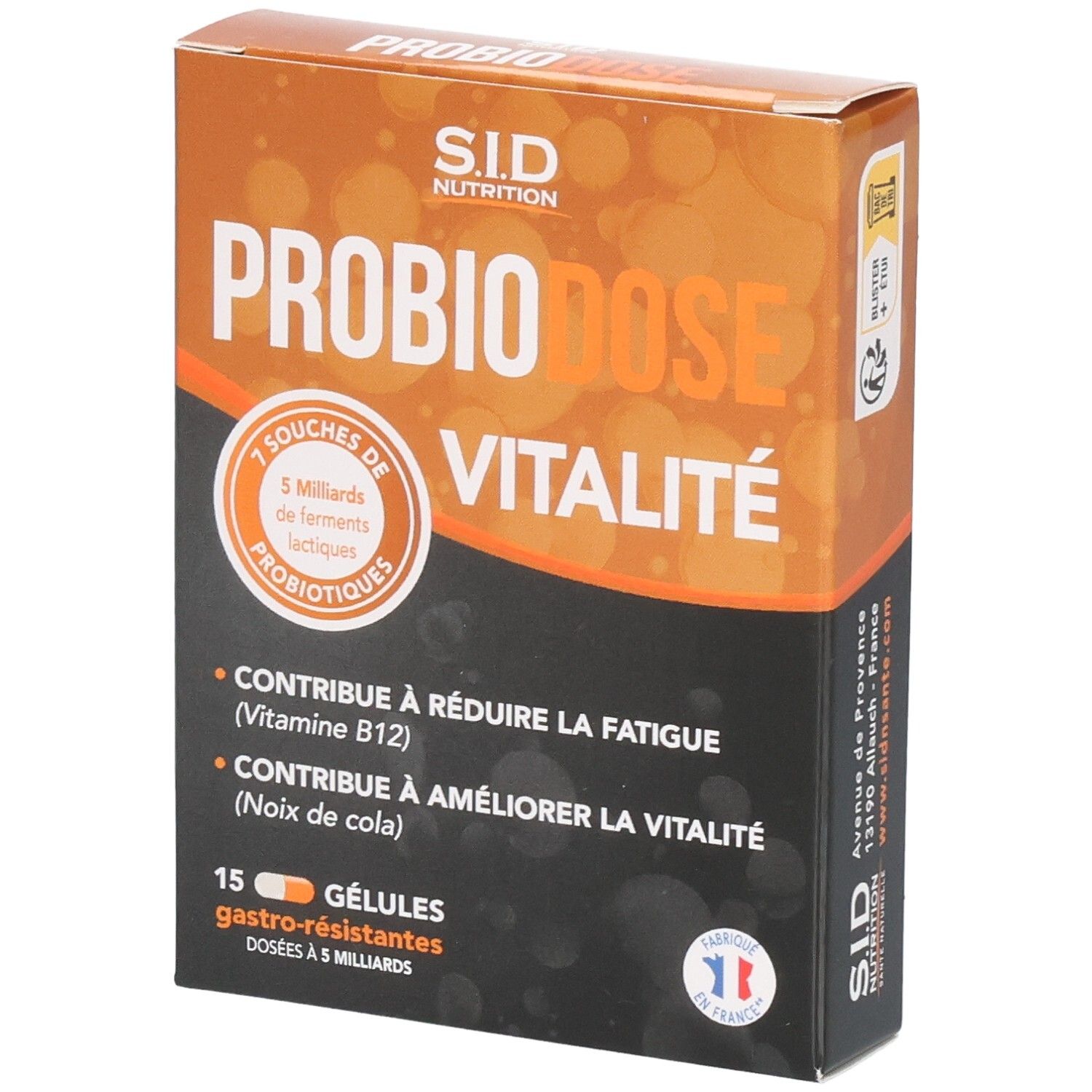 Boîte PROBIODOSE VITALITE. Contient 15 gélules. Design orange et marron. Texte: 7 souches de ferments lactiques.