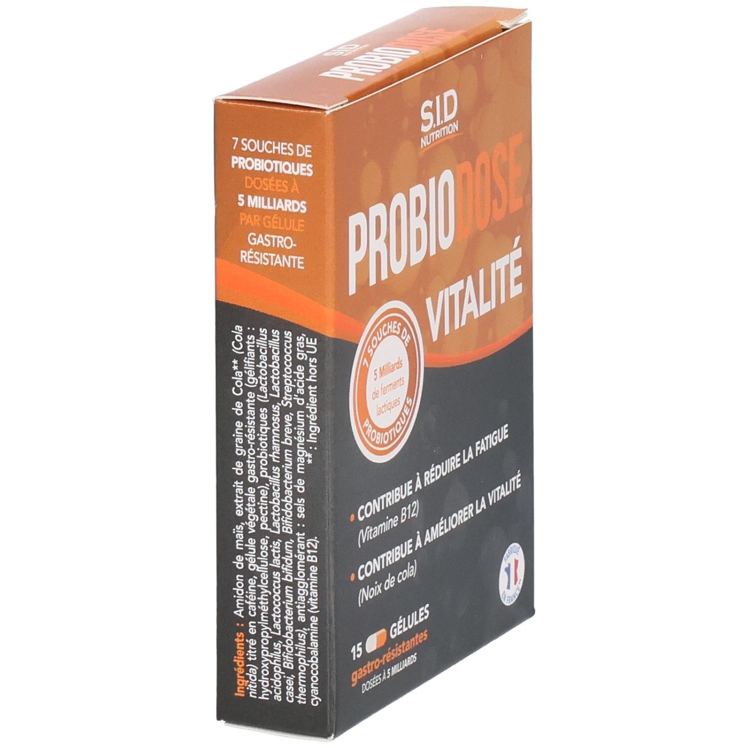 Boîte PROBIODOSE VITALITE en biais. Contient 15 gélules. Design orange et marron. Texte: 7 souches de ferments lactiques.