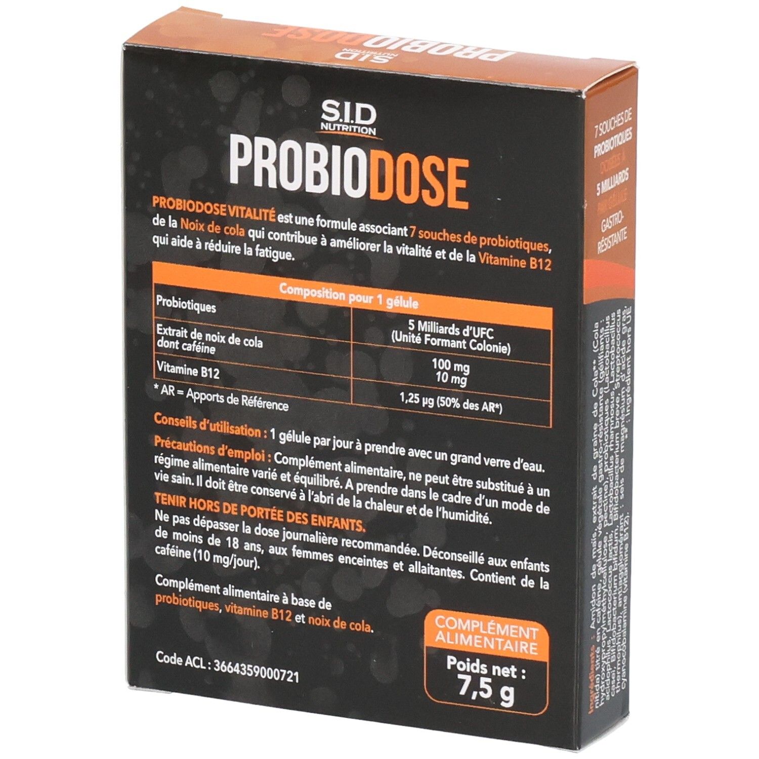 Dos de la boîte PROBIODOSE VITALITE. Contient des informations sur les ingrédients et le dosage. Texte: 7,5 g.