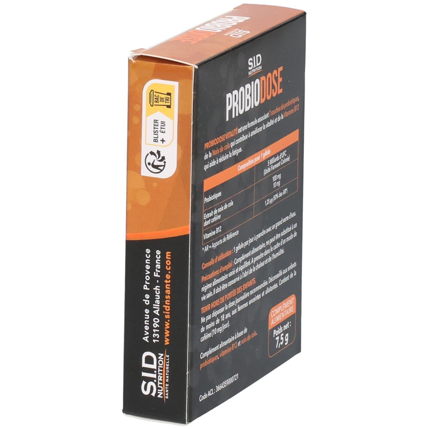 Boîte PROBIODOSE VITALITE en biais, dos visible. Texte: 7,5 g. Adresse du fabricant.